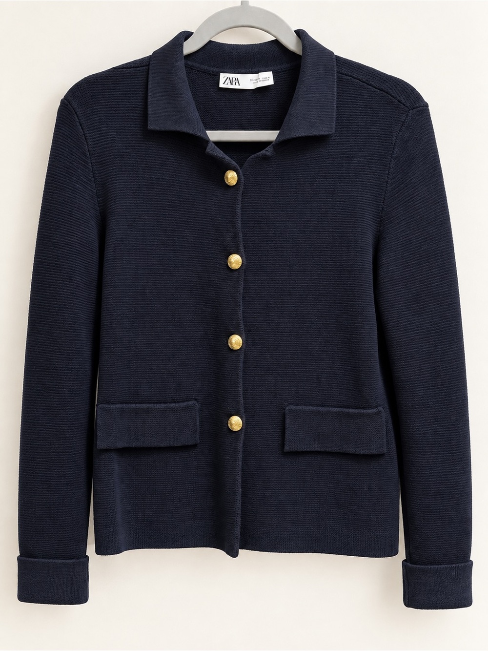 Zara Navy Knit Blazer Cardigan Gold Anchor Buttons Size M